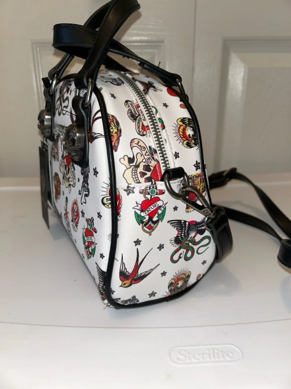 NWT White Tattoo-Print Dome Satchel with Black Trim - Picture 4 of 9
